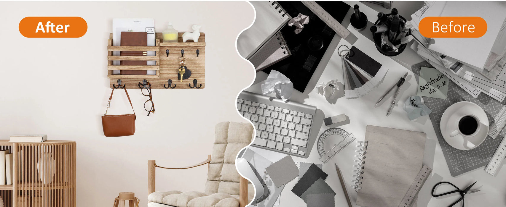 Rustic Wood Wall Mail Organiser with Key Hooks and Floating Shelf