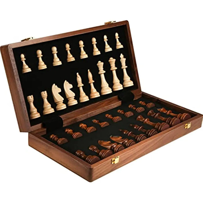 15" x 15" Folding Walnut Chess Set with Solid Wooden Pieces