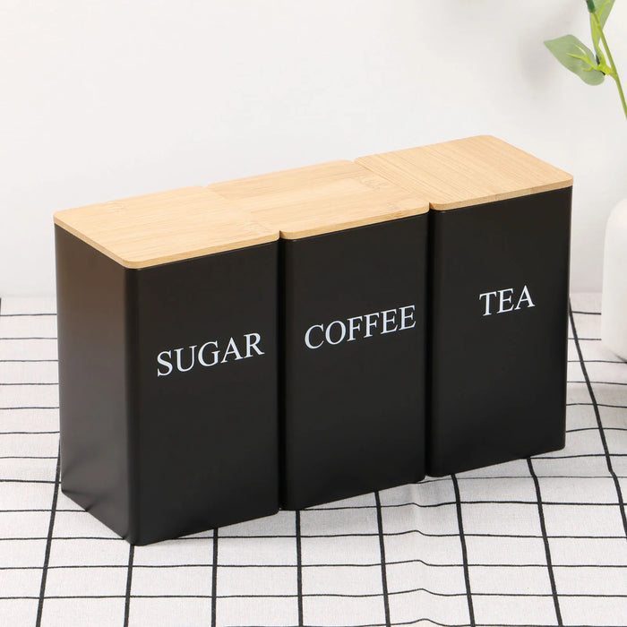 3‑Piece Coffee, Tea & Sugar Canister Set — Stainless Steel with Airtight Bamboo Lids