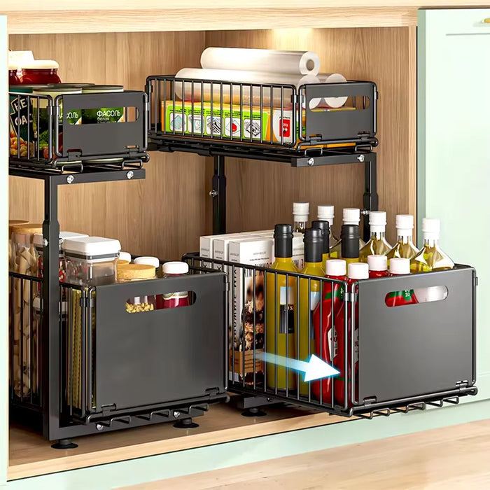 2-Tier Pull-Out Under-Sink Organiser — Adjustable Kitchen Cabinet Rack
