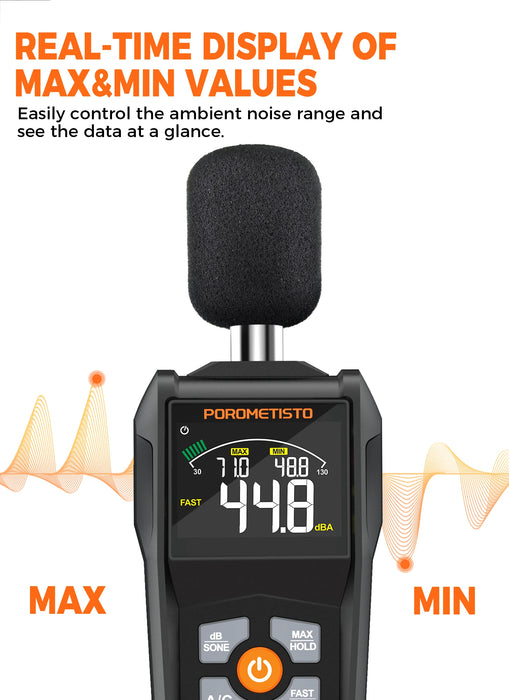 POROMETISTO-SL01 Digital Sound Level Meter — Handheld 30–130 dB A/C Weighted