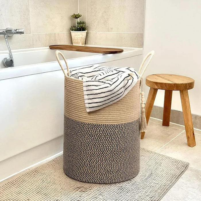 Large Tall Foldable Woven Storage Basket — Cotton-Rope Laundry Hamper