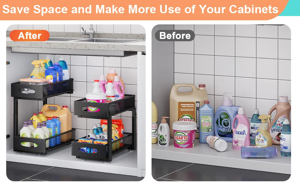 Adjustable 2-Tier Under-Sink Organiser — Metal Pull-Out Storage for Kitchen & Bathroom