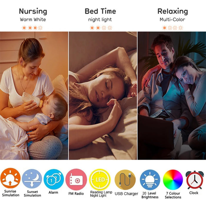 Wake Up Light Alarm Clock with Sunrise & Sunset, Dual Alarms, FM Radio, 7 Colours