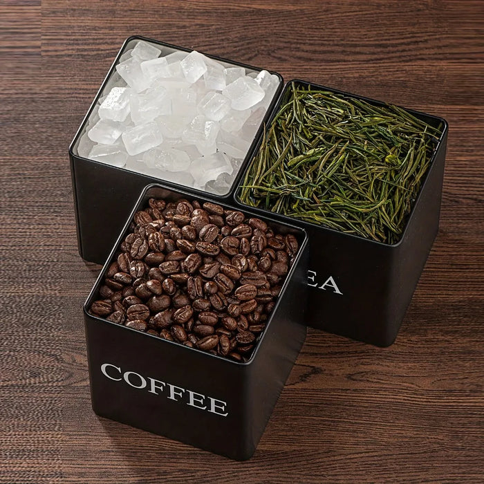 Set of 3 Metal Canisters with Bamboo Lids – 500ml Coffee, Tea & Sugar (Black or White)