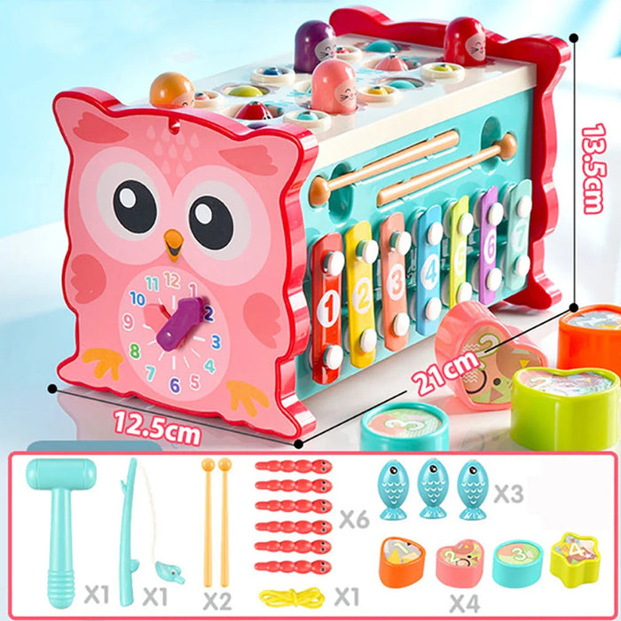 Montessori Baby Toys - Magnetic Fishing Owl Cube, Learning Clock, Hammer Game with Music Puzzle - Ideal Educational Gift for Kids