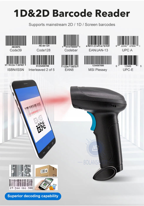U12 1D/2D Barcode Scanner — Wired, Bluetooth & Wireless for Retail and Logistics