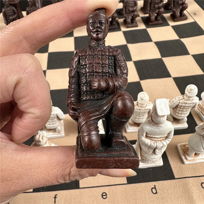 Large 43cm (16.93in) Imitation Terracotta Army Plastic Chess Set with Aged Leather-Effect Board