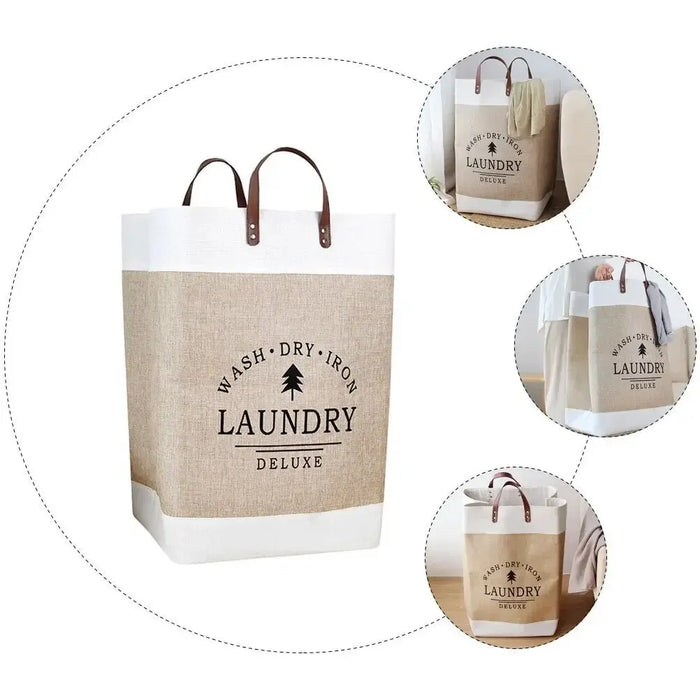 Large Cotton Folding Laundry Basket – Fabric Storage Bin (Off-White)