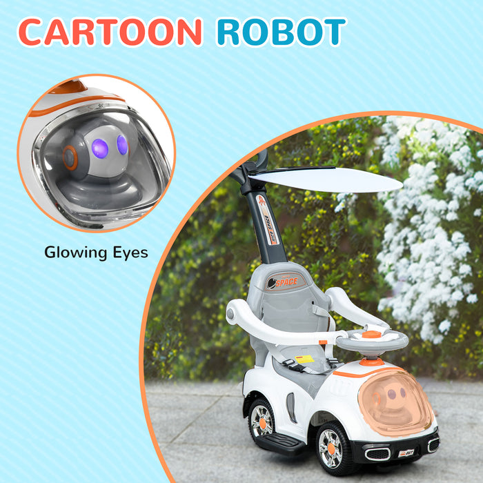 3-in-1 Cartoon Robot Ride-On Push Car - Foot-to-Floor Slider with Handle, Light-Up Features, Music, and Horn - Versatile Toy with Storage for Toddlers