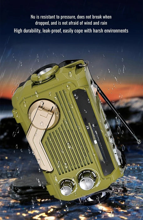 Hand-Crank Emergency Radio & Power Bank — USB, Solar, Bluetooth, DAB