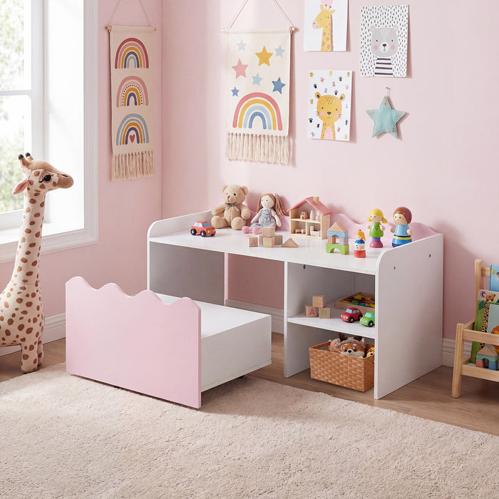 Scalloped Kids Bookshelf with Movable Drawer and Anti-Toppling Kit for Playroom-Pink