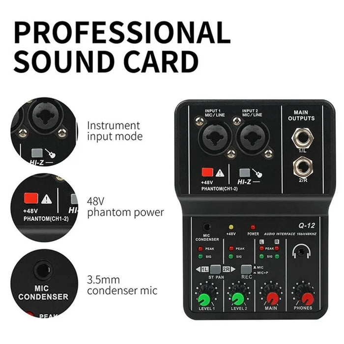 Q-12 Professional - Portable Mixer Sound Card with Studio and Live Broadcast Recording Features - Ideal for Electric Guitar, Studio Singing and Computer PC Users