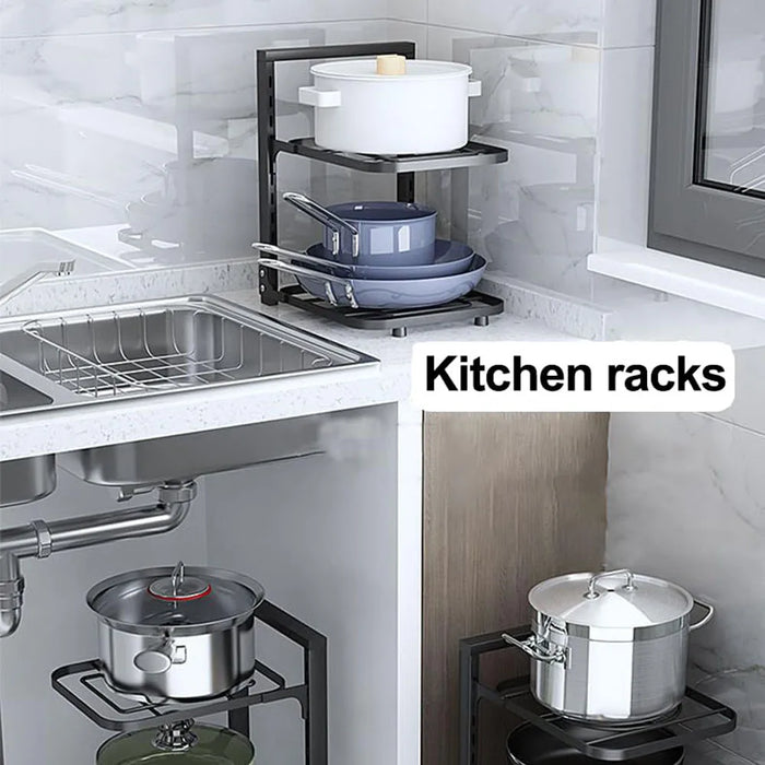 Under-Cabinet Pot & Pan Organiser Rack — Height Adjustable, Heavy-Duty Stainless Steel (3/4/5 Tier, Black)