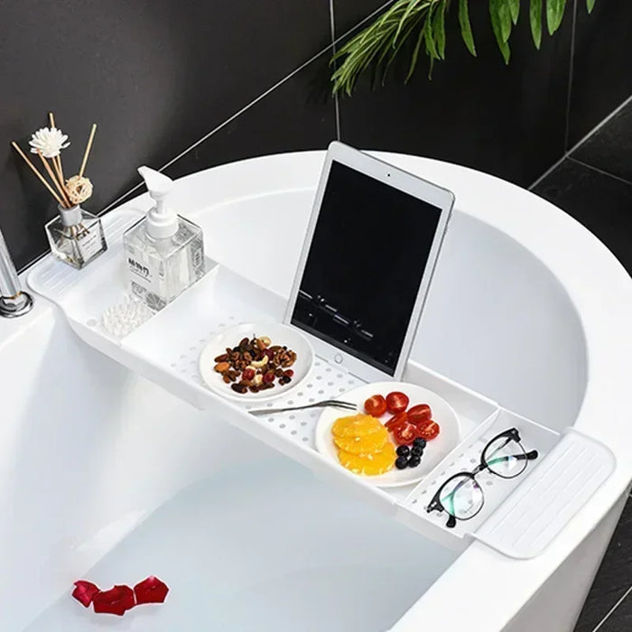Extendable Bathtub Tray – Retractable Bath Shelf & Towel Holder (White/Black)