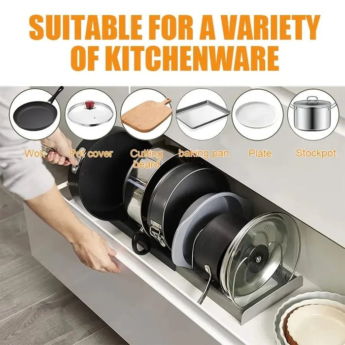 Expandable Stainless-Steel Pot & Pan Rack with 7 Dividers – Pull-Out Cabinet & Countertop Organiser