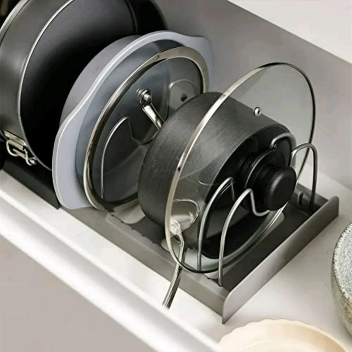 Expandable Pots & Pans Storage Rack for Cabinets — 6 Adjustable Shelves, Pot & Lid Holder