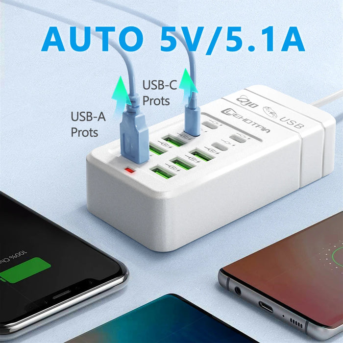 6x USB-A & 4x USB-C Multi‑Plug USB Charger with 1.2m Cord — EU/UK/US