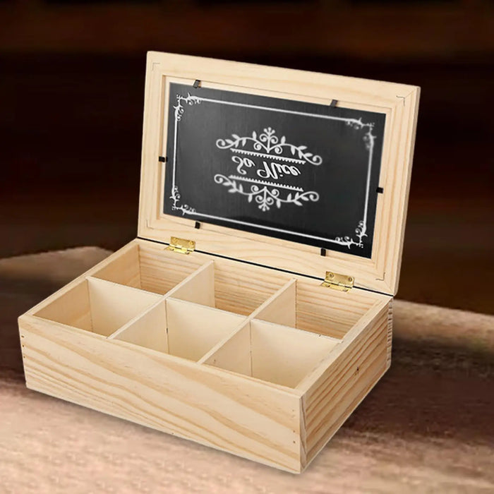 Wooden 6-Compartment Tea Box with Transparent Lid — 24×16×7 cm Organiser