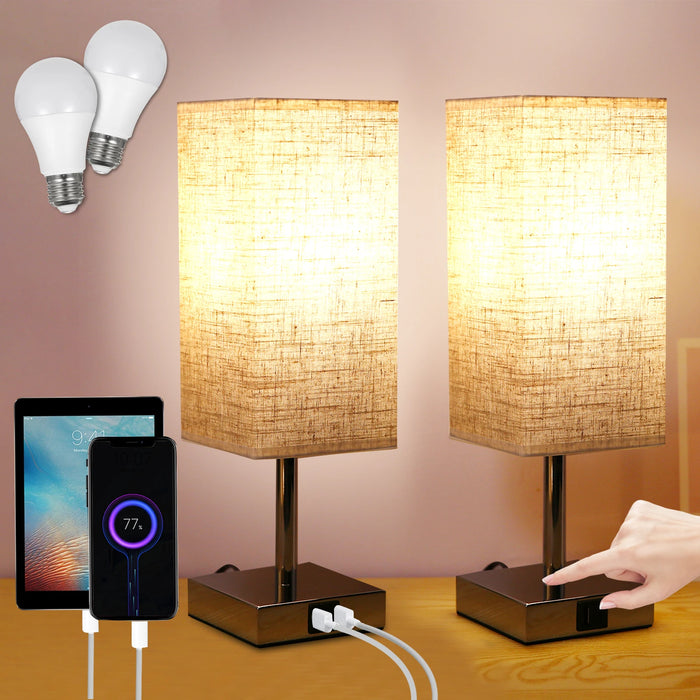 Bedside Table Lamp with Fabric Shade - Warm White LED Bulb, Touch Control, Desk Light, USB A and Type-C Charging Ports - Ideal for Nightstands, Work Desks and Study Areas - Single Lamp