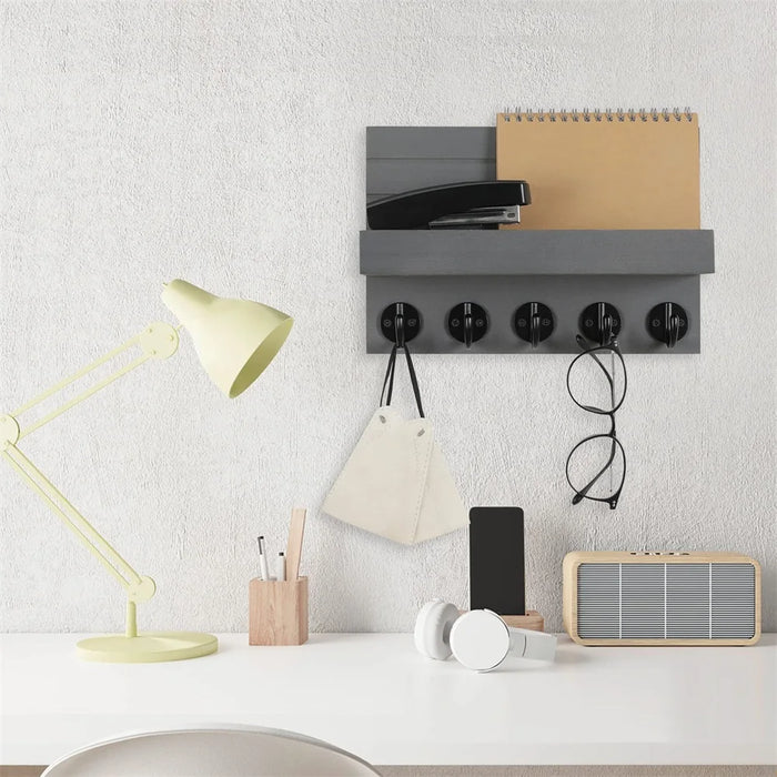 Wall-mounted Wooden Key and Mail Shelf with 5 Hooks