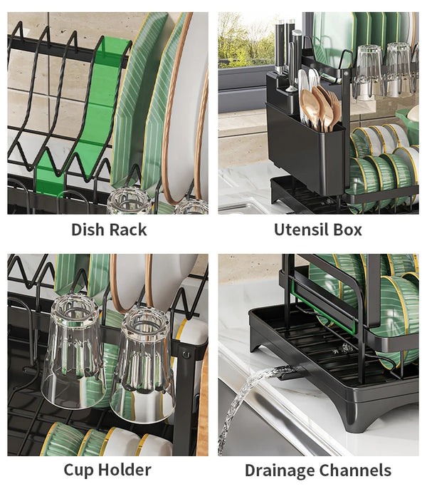 2-Tier Metal Dish Drainer with Draining Spout, Cutlery & Cup Holders