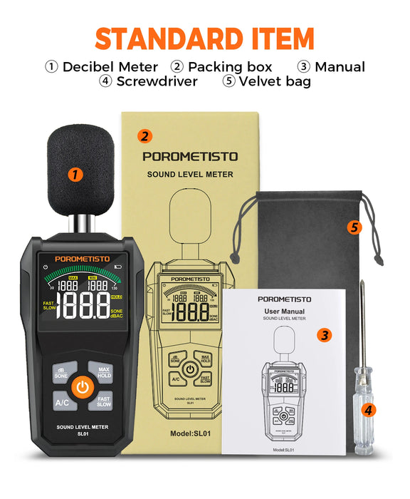 POROMETISTO-SL01 Digital Sound Level Meter — Handheld 30–130 dB A/C Weighted