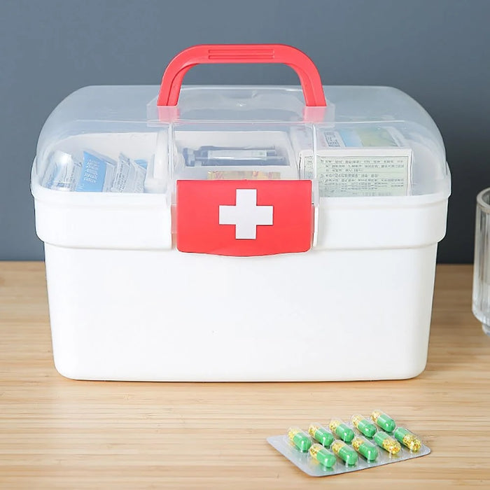 2-Tier Plastic Medicine Box with Handle — Large Capacity First‑Aid Organiser