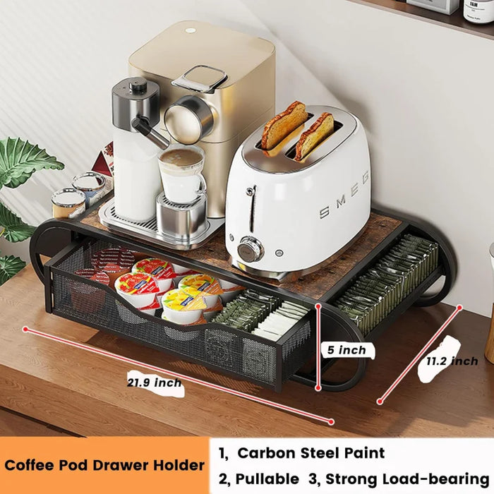Coffee Pod Drawer Holder for K‑Cup – Metal Pull‑Out Storage with Side Baskets