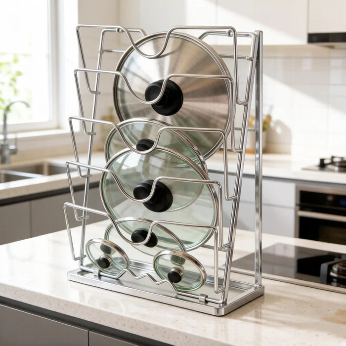 Wall-Mounted 5-Layer Pot Lid Rack – Chrome Steel Kitchen Storage