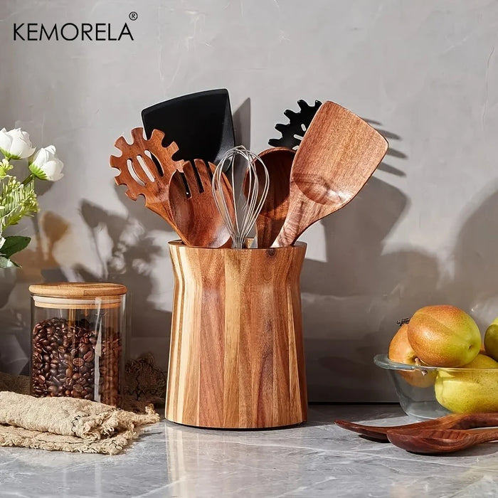 360-Degree Rotating Wooden Utensil Holder - Countertop Organiser for Spoons, Spatulas and Ladles