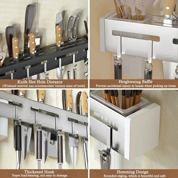 Stainless Steel Wall-Mounted Knife Holder — Nail-Free, Black (30/40/50cm)