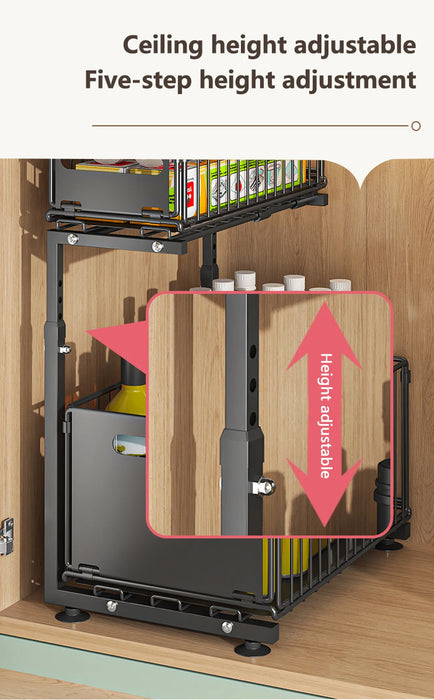 2-Tier Pull-Out Under-Sink Organiser — Adjustable Kitchen Cabinet Rack