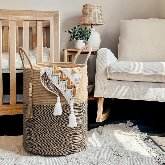 Large Tall Woven Storage Basket – Foldable Cotton Rope Laundry Hamper