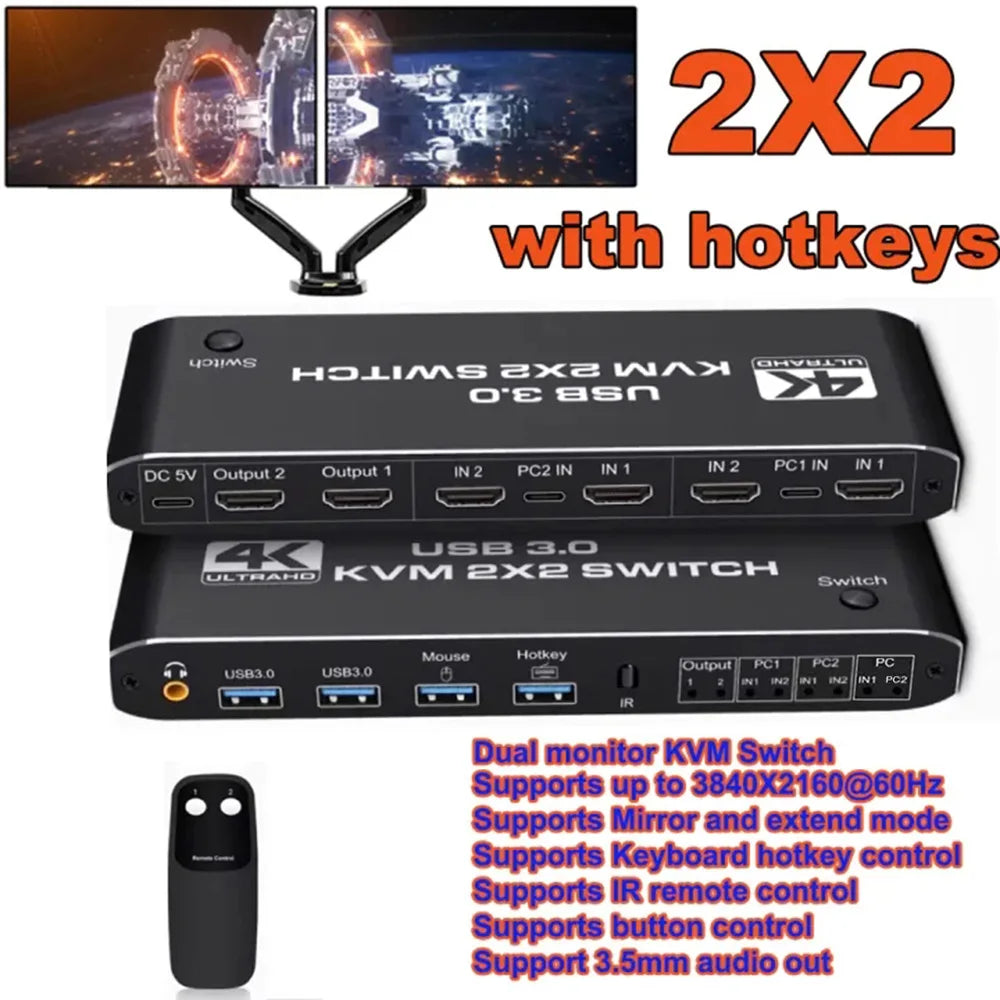 Dual Monitor USB3.0 KVM Switch 2 in 2 out 4K 60Hz 2x2 Mixed Display 2 ...
