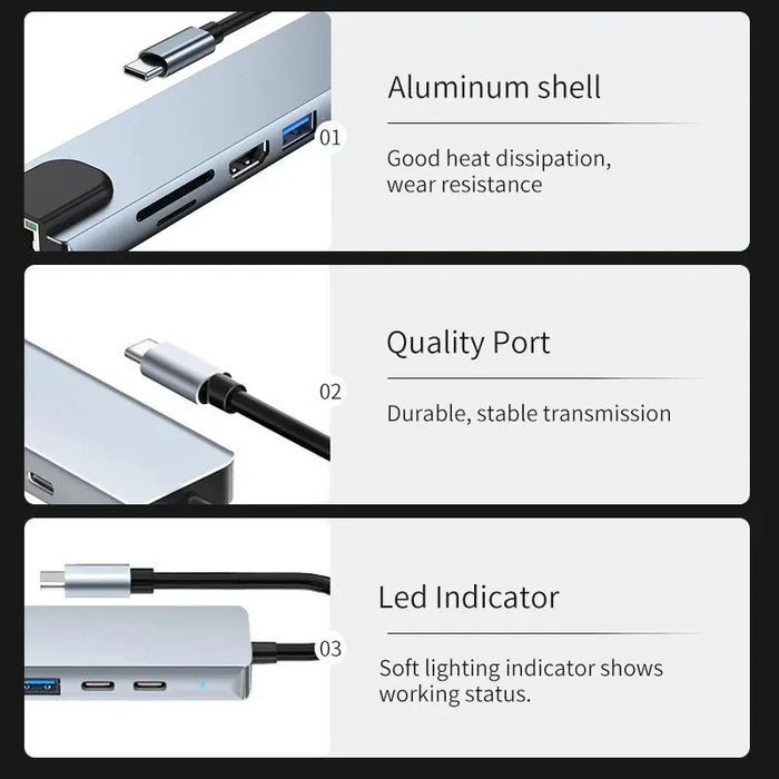 8-in-1 USB-C Hub 3.0 Dock – 4K HDMI, RJ45, PD, SD/TF for MacBook Air M1 & iPad Pro
