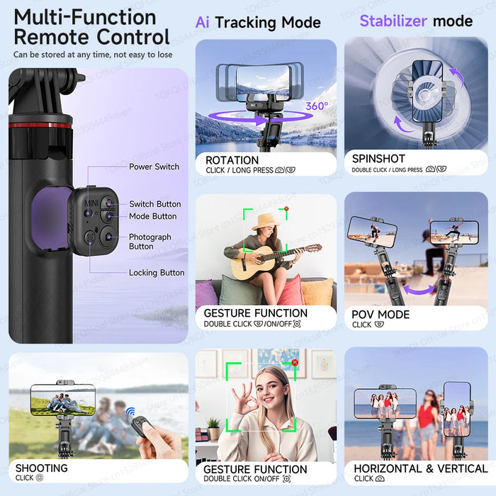 C22 AI Face-Tracking Handheld Gimbal Stabiliser — 3‑in‑1 Selfie Stick & Tripod for Smartphones