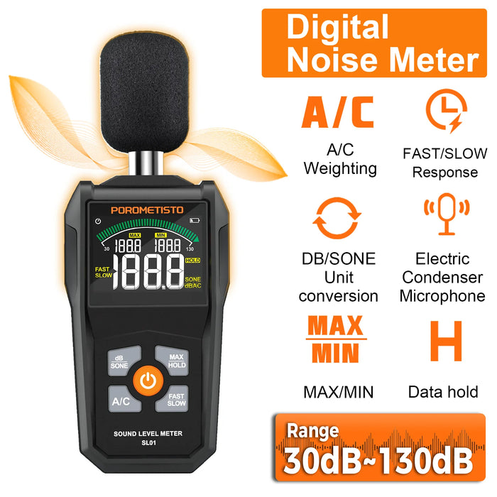 POROMETISTO-SL01 Digital Sound Level Meter — Handheld 30–130 dB A/C Weighted