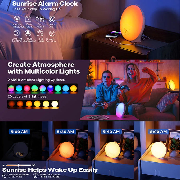 Wake Up Light Alarm Clock — Sunrise/Sunset Simulation, FM Radio & Night Light