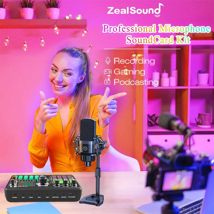 Zealsound Professional Podcast Microphone SoundCard Kit - PC Smartphone Laptop Compatible for Vlog Recording & Live Streaming - Ideal for YouTube Content Creators