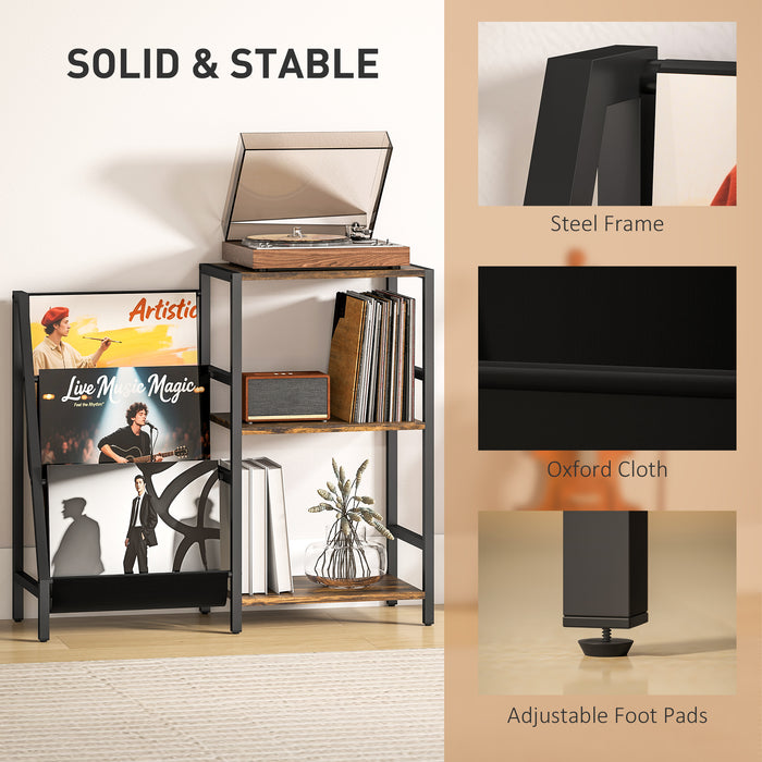 HOMCOM 3-Tier Record Player Stand, End Table for Living Room, Bedroom - Rustic Brown