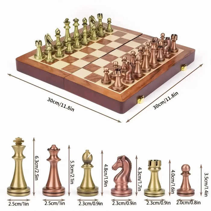 High-end 30cm Antique Bronze Chess Set — Foldable Solid Wood Box & Weighted Alloy Pieces