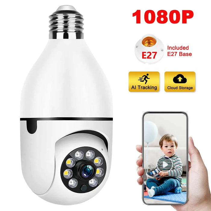 E27 WiFi Bulb Camera - 1080P Video Surveillance with Full Color Night Vision, Auto Tracking and Floodlight Feature - Ideal Indoor Monitor for Baby and Pet Safety