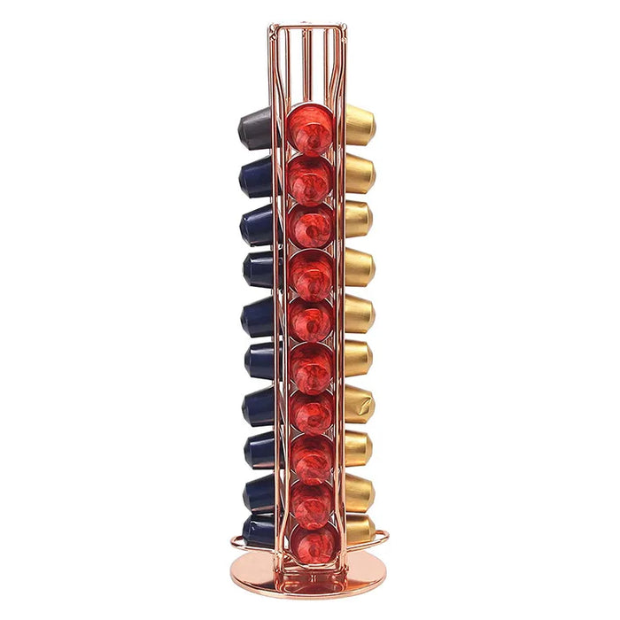 40‑Pod Rotating Coffee Capsule Holder — Metal Stand for Nespresso, Vertuo & Dolce Gusto (Black / Silver / Rose Gold)