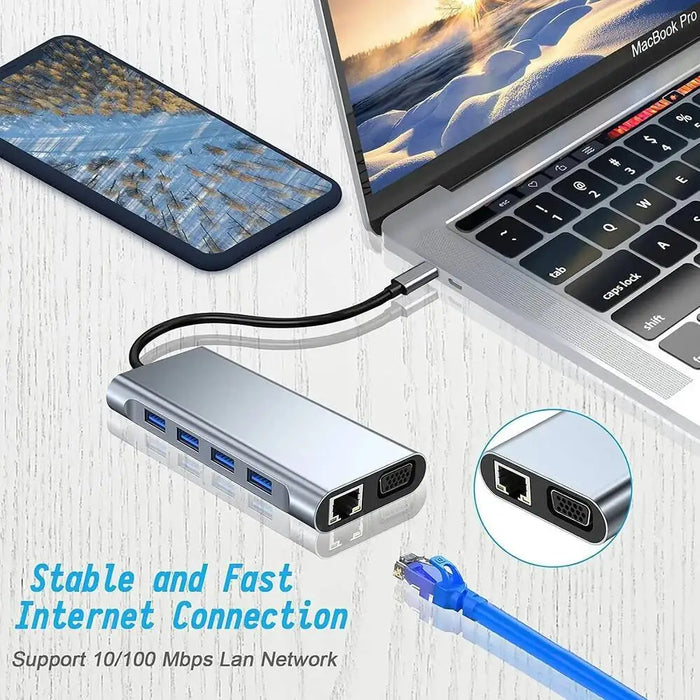 USB‑C 11‑in‑1 Docking Station — 4K HDMI, VGA, 100W PD, 100Mbps Ethernet, SD/TF & Audio for MacBook