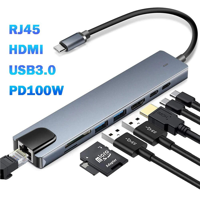 USB‑C 8‑in‑1 Hub — HDMI 4K@30Hz, 100W PD, RJ45 100Mbps, Dual SD/TF, USB 3.0