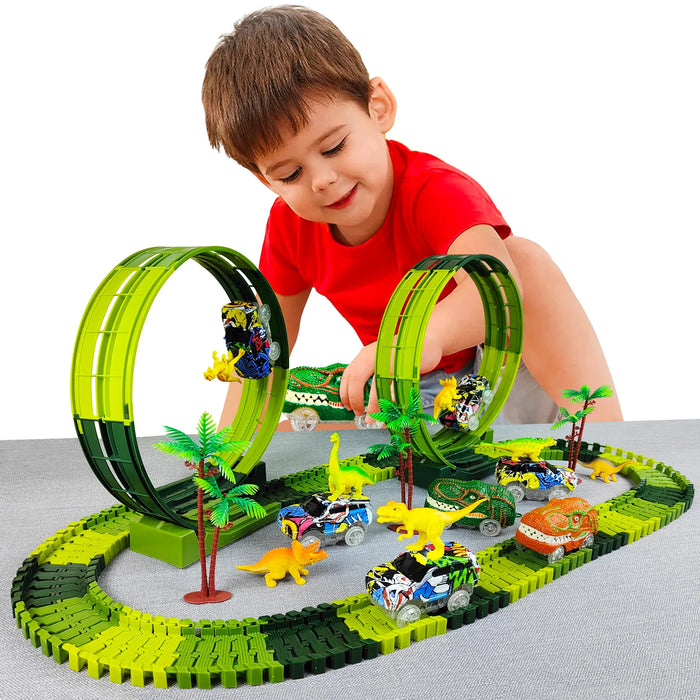 Magic Climbing - Electric Dinosaur Car Track Railway Toy with Bend Flexible Race Track and Flash Light - High Quality Entertainment for Kids
