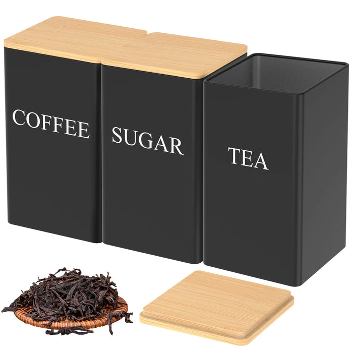 3‑Piece Coffee, Tea & Sugar Canister Set — Stainless Steel with Airtight Bamboo Lids