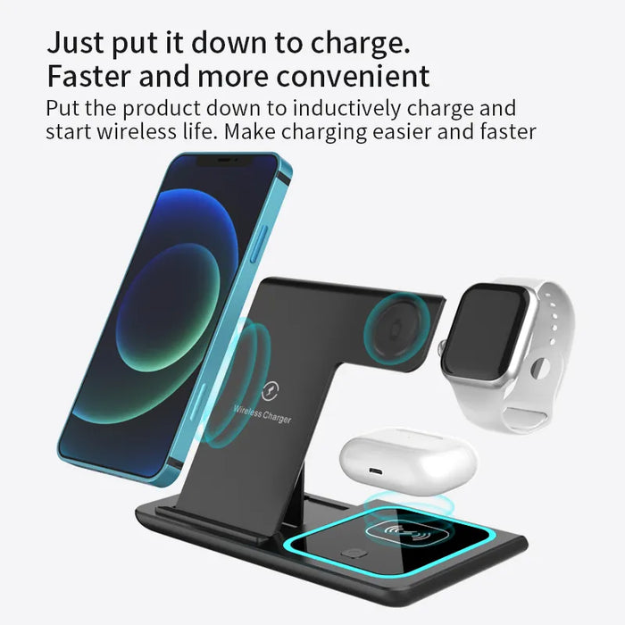 Fast Wireless Charger by LED - 3 in 1 Foldable Charging Stand for iPhone 15 14 13 12 Pro Max, Apple Watch 8 7, Airpods Pro - Versatile Charging Station Solution for Multiple Devices