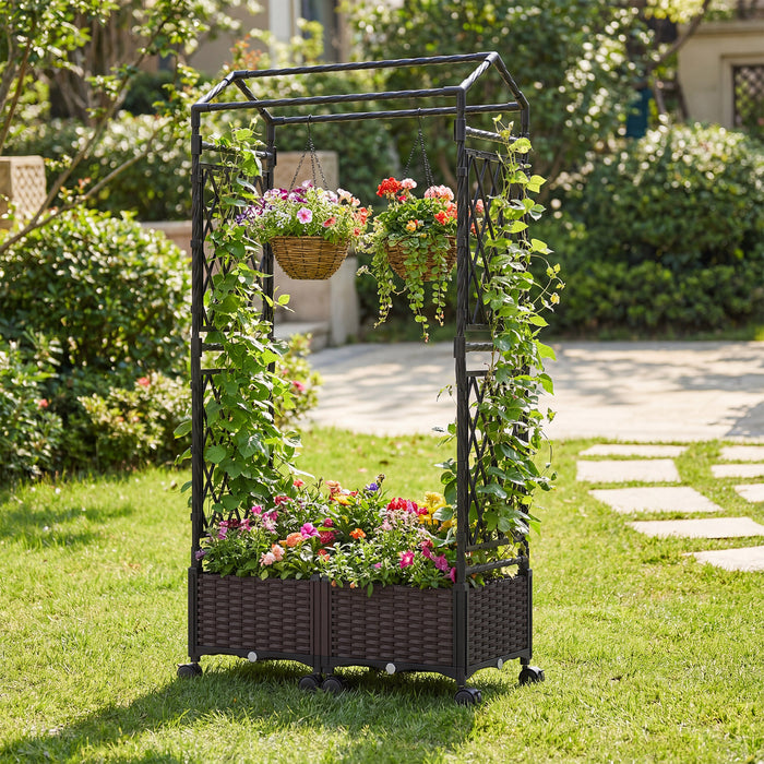 Self-Watering Planter Boxes with Lattice Trellis and Roof for Climbing Vine-